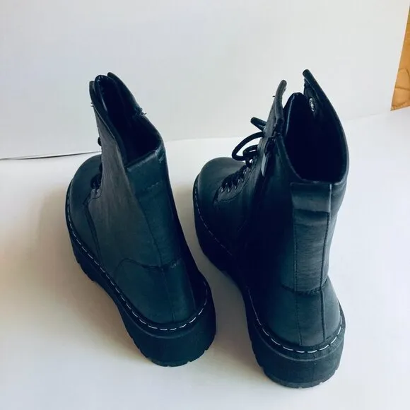 🖤 Black Faux Leather Platform Lace Up Boots Size 6
