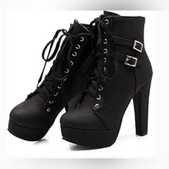 🌼💚 NEW FOREMODE Women Autumn Round Toe Lace Up Chunky Heel Platform Knight Boots