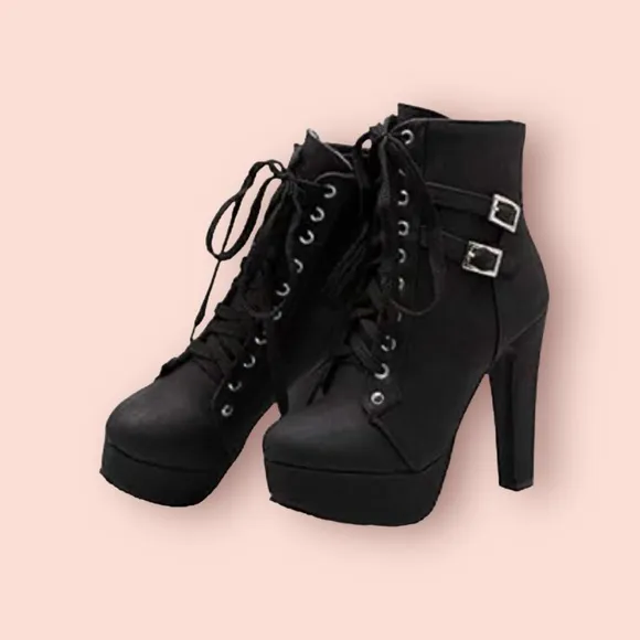 🌼💚 NEW FOREMODE Women Autumn Round Toe Lace Up Chunky Heel Platform Knight Boots