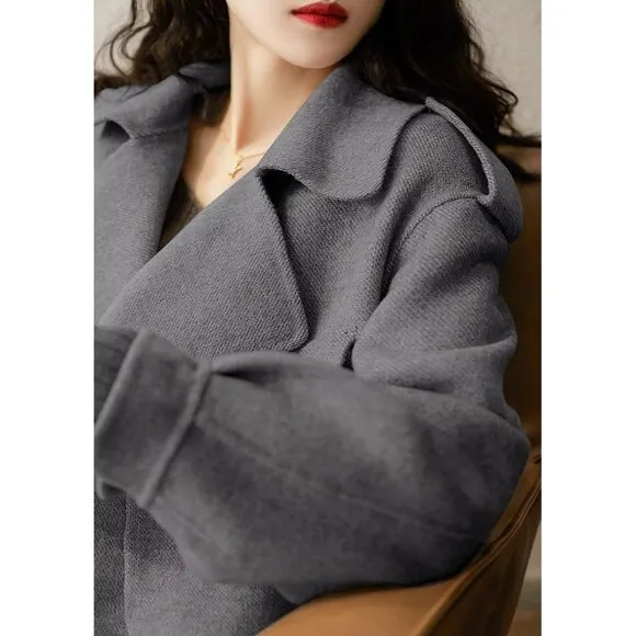 ✨ Women Grey Cropped Wool Coats Lapel Open Front Trench Jackets with Pockets
