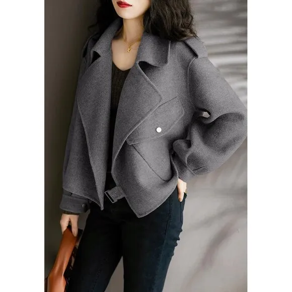 ✨ Women Grey Cropped Wool Coats Lapel Open Front Trench Jackets with Pockets