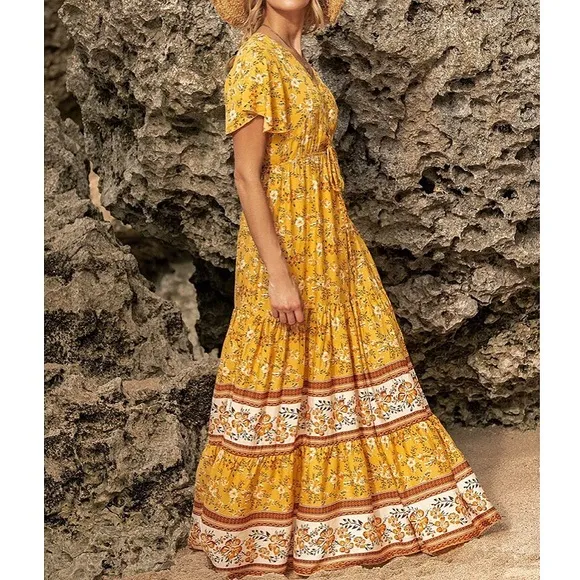 🌼 YELLOW BOHO FLORAL MAXI DRESS!