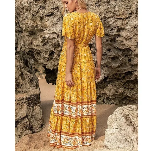 🌼 YELLOW BOHO FLORAL MAXI DRESS!