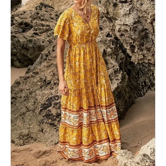 🌼 YELLOW BOHO FLORAL MAXI DRESS!