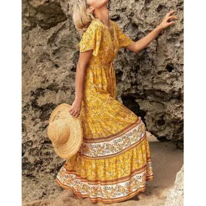 🌼 YELLOW BOHO FLORAL MAXI DRESS!