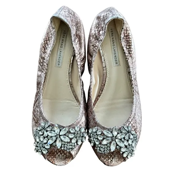$275 VERA WANG LAVENDER &quot;Luna&quot; Ballet Flats Snake Skin Embossed w/Rhinestones 8M