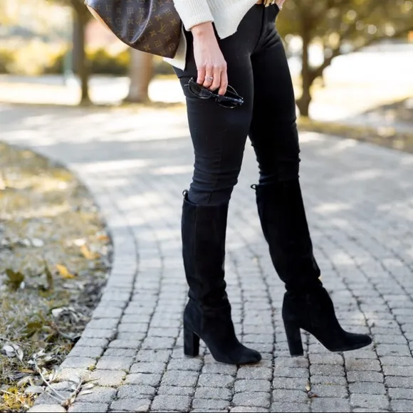 $280 Stuart Weitzman Trendy Knee High Tall Black Suede Leather Comfy Heeled Boot