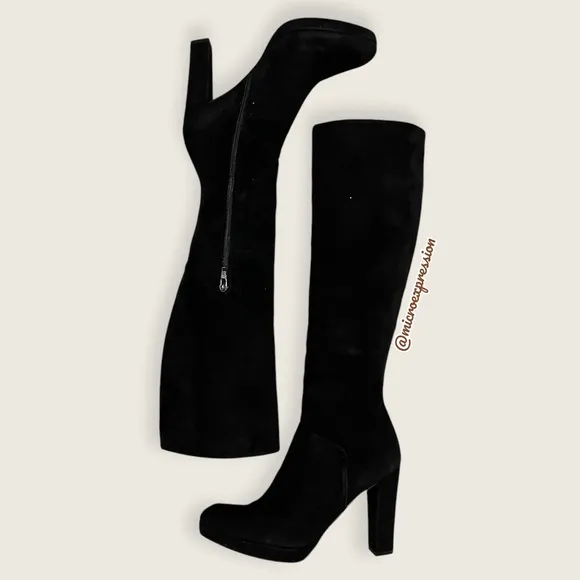 $280 Stuart Weitzman Trendy Knee High Tall Black Suede Leather Comfy Heeled Boot