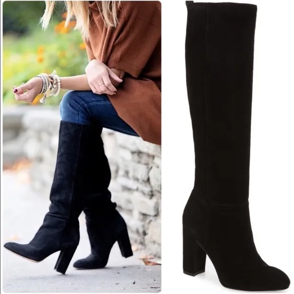 $280 Stuart Weitzman Trendy Knee High Tall Black Suede Leather Comfy Heeled Boot