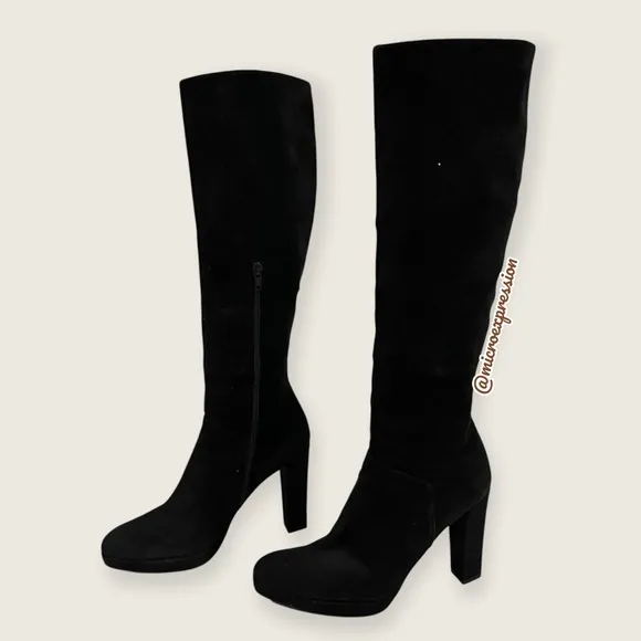 $280 Stuart Weitzman Trendy Knee High Tall Black Suede Leather Comfy Heeled Boot
