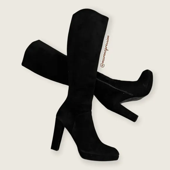 $280 Stuart Weitzman Trendy Knee High Tall Black Suede Leather Comfy Heeled Boot