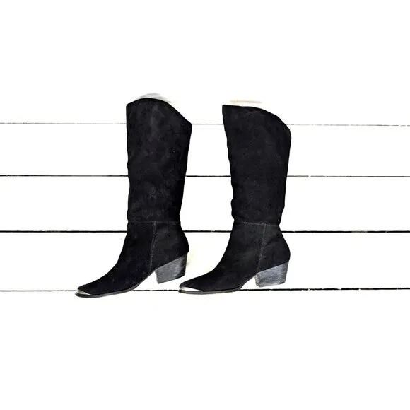 90s vintage black suede leather slouchy western metal tip boots