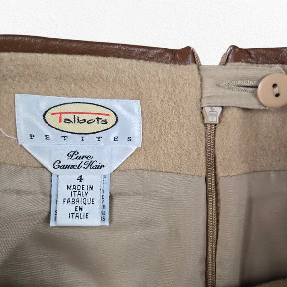 90s Vintage Talbots Beige Pure Camel Hair Leather Trim Skirt Size 4 Petites