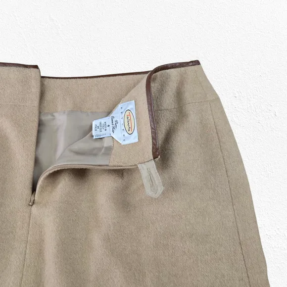 90s Vintage Talbots Beige Pure Camel Hair Leather Trim Skirt Size 4 Petites