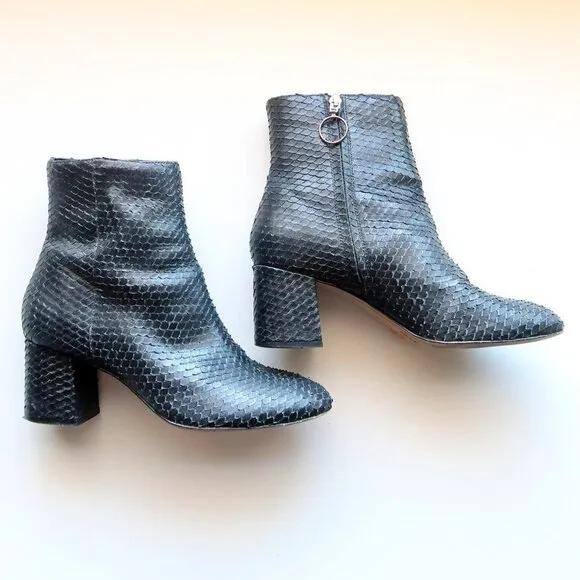 Able Black Snakeskin Block Heel Classic Ankle Boots Booties Size 8.5
