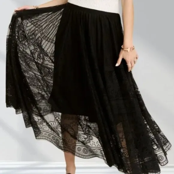 ADORA Elastic Waist Raw Hem Lace Maxi Skirt