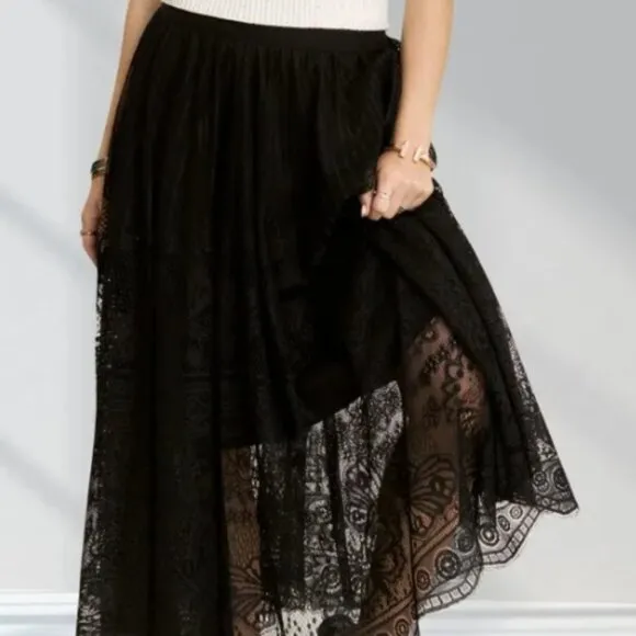 ADORA Elastic Waist Raw Hem Lace Maxi Skirt