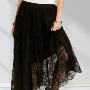 ADORA Elastic Waist Raw Hem Lace Maxi Skirt