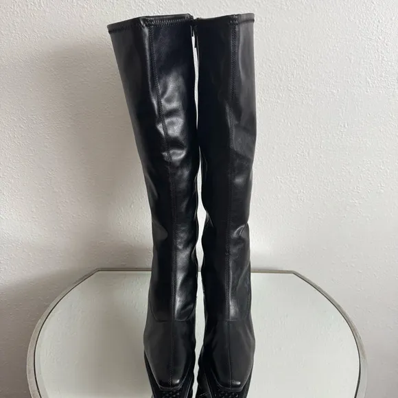 AEROSOLES 90s Style Faux Black Leather Risky Pizness Grunge Knee High Boots