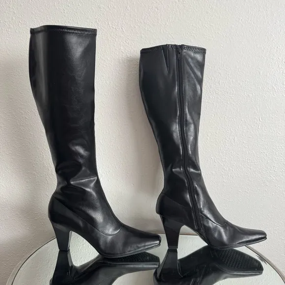 AEROSOLES 90s Style Faux Black Leather Risky Pizness Grunge Knee High Boots