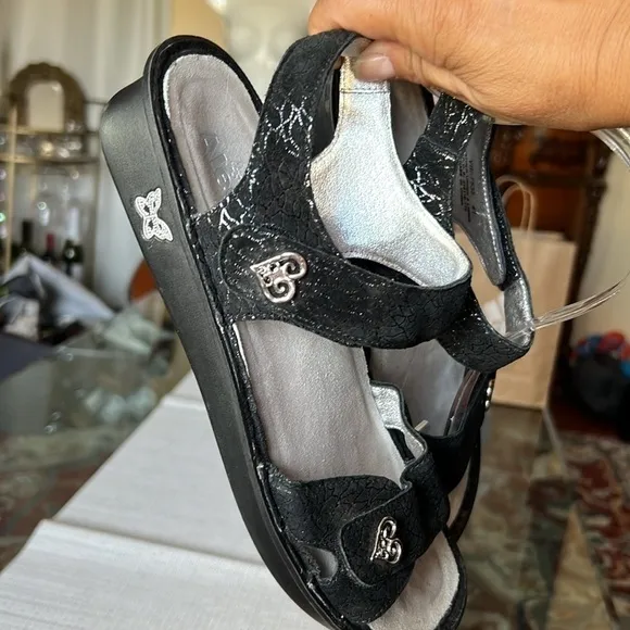 ALEGRIA ,black  leather, and silver decorations Womens 2 Strap Sandal - size 41
