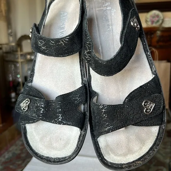 ALEGRIA ,black  leather, and silver decorations Womens 2 Strap Sandal - size 41