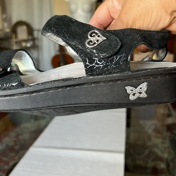 ALEGRIA ,black  leather, and silver decorations Womens 2 Strap Sandal - size 41