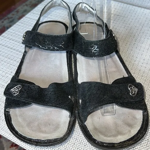 ALEGRIA ,black  leather, and silver decorations Womens 2 Strap Sandal - size 41