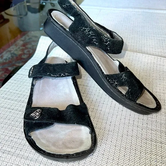 ALEGRIA ,black  leather, and silver decorations Womens 2 Strap Sandal - size 41