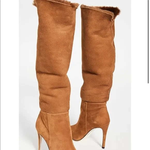 Alexandre Birman ~Cognac Suede Knee-High Shearling Trimmed Convertible Boots 37