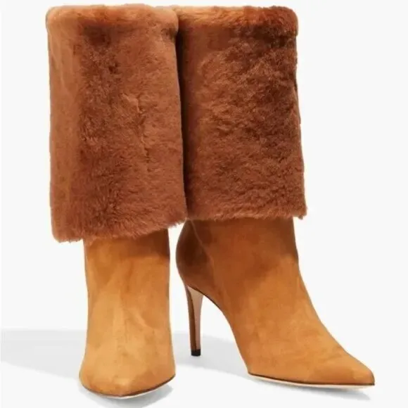 Alexandre Birman ~Cognac Suede Knee-High Shearling Trimmed Convertible Boots 37