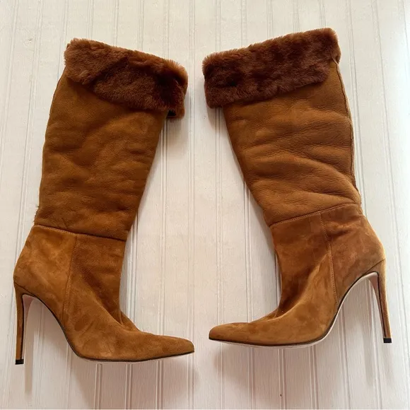 Alexandre Birman ~Cognac Suede Knee-High Shearling Trimmed Convertible Boots 37