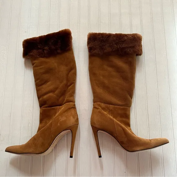 Alexandre Birman ~Cognac Suede Knee-High Shearling Trimmed Convertible Boots 37