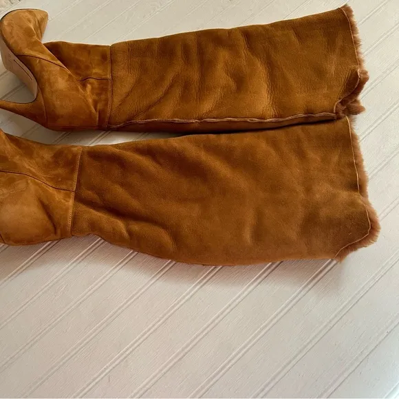 Alexandre Birman ~Cognac Suede Knee-High Shearling Trimmed Convertible Boots 37