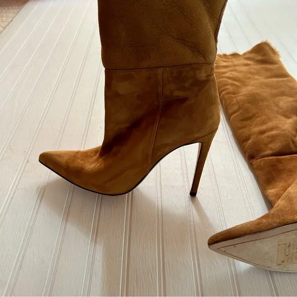 Alexandre Birman ~Cognac Suede Knee-High Shearling Trimmed Convertible Boots 37