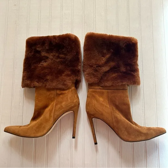 Alexandre Birman ~Cognac Suede Knee-High Shearling Trimmed Convertible Boots 37