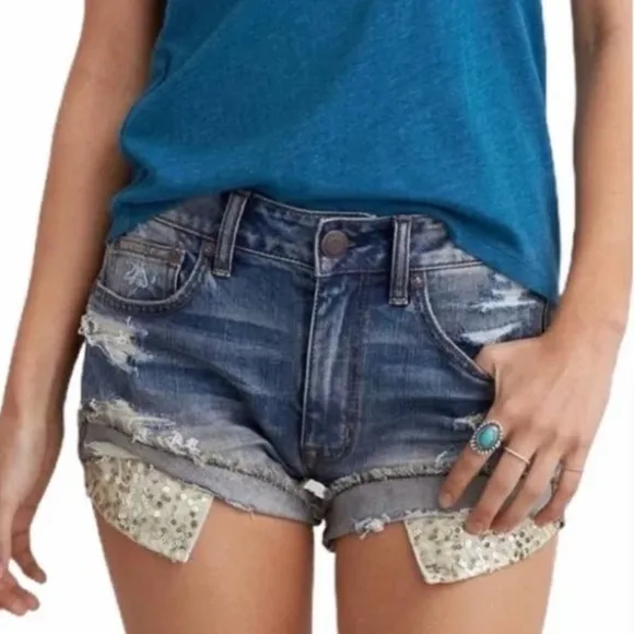 American Eagle Outfitters Hi-Rise Festival Distressed Shorts w/ Sequined Pockets