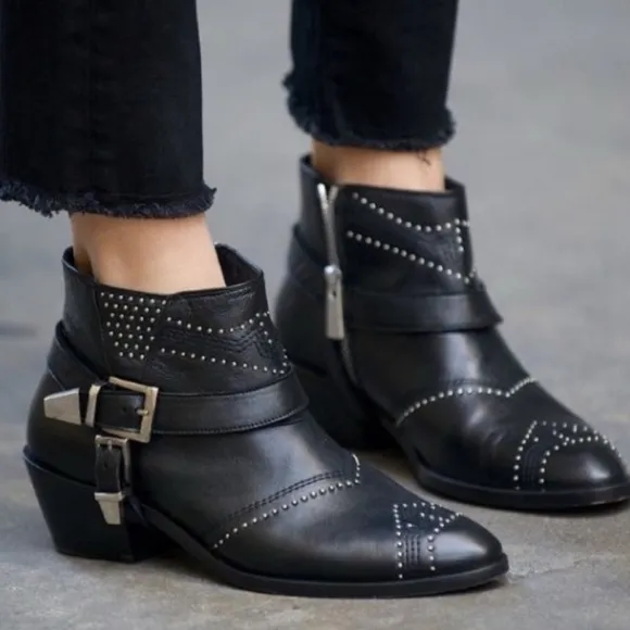 Anine Bing Bianca Leather Stud Black Ankle Boots EU38