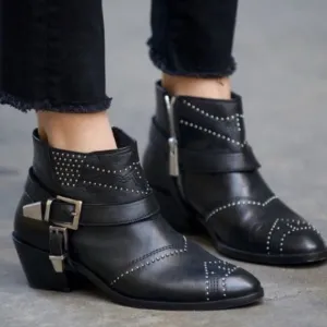 Anine Bing Bianca Leather Stud Black Ankle Boots EU38