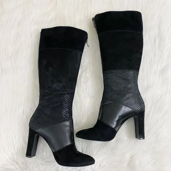 Anne Klein Black Suede &amp; Leather Patchwork Heeled Boots Front Zip Almond Toe 10