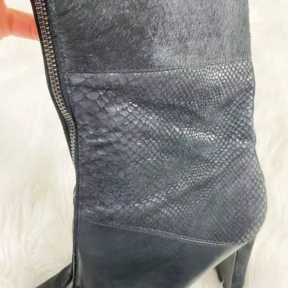 Anne Klein Black Suede &amp; Leather Patchwork Heeled Boots Front Zip Almond Toe 10