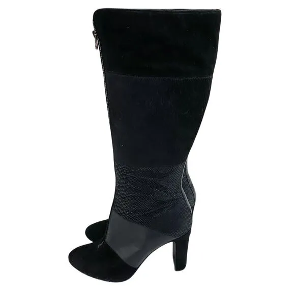 Anne Klein Black Suede &amp; Leather Patchwork Heeled Boots Front Zip Almond Toe 10