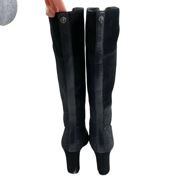 Anne Klein Black Suede &amp; Leather Patchwork Heeled Boots Front Zip Almond Toe 10