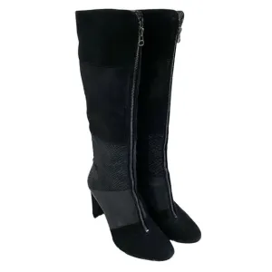 Anne Klein Black Suede &amp; Leather Patchwork Heeled Boots Front Zip Almond Toe 10