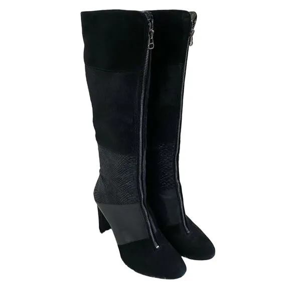 Anne Klein Black Suede &amp; Leather Patchwork Heeled Boots Front Zip Almond Toe 10