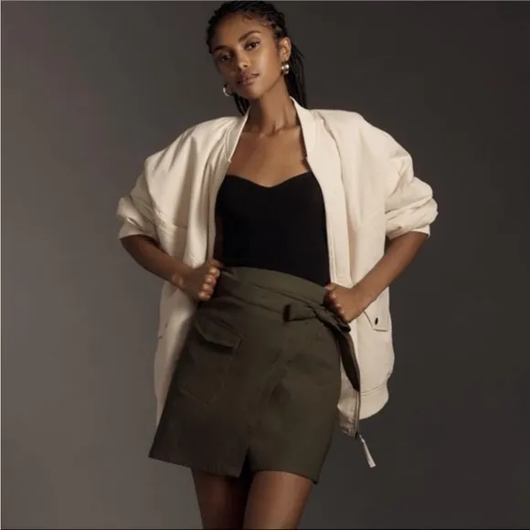 Anthropologie Green Linen Blend Wrap Mini Skirt NWT