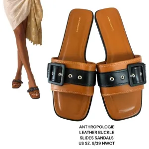 ANTHROPOLOGIE LEATHER SANDALS BUCKLE SLIDES SIZE US 9/39 NEW