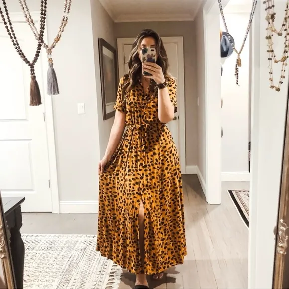 Anthropologie Leopard Maxi Shirt Dress With Belt