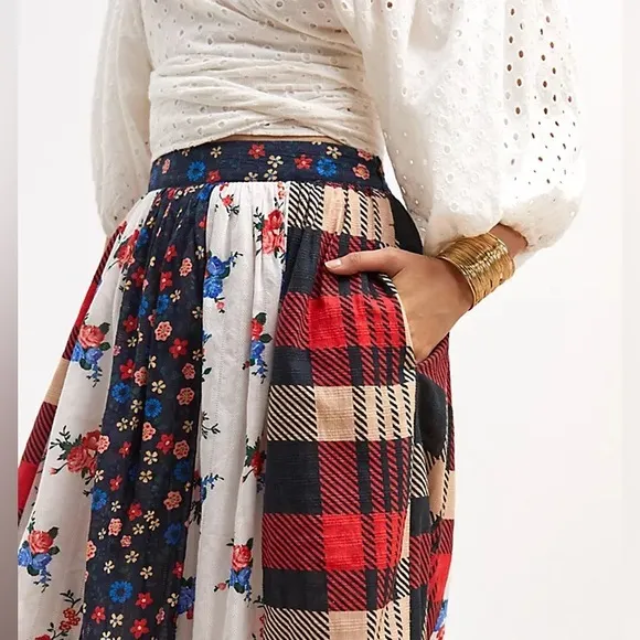 Anthropologie Let Me Be Contrast Americana Patchwork Maxi Skirt Red/Blue Sz XS