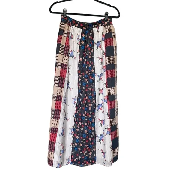 Anthropologie Let Me Be Contrast Americana Patchwork Maxi Skirt Red/Blue Sz XS